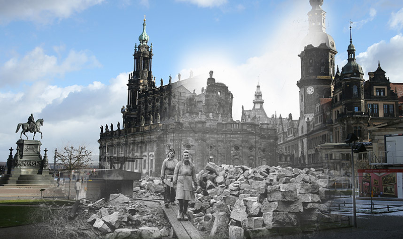 Illustration for article titled Sobering Photos Compare Dresden After The Firestorms To Now